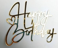 Топпер на бок торта Happy Birthday пластик золото 10*9см
