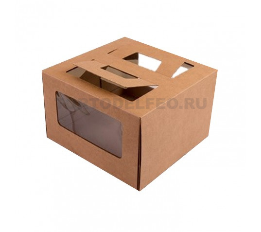 Коробка для торта 26*26*20см с ручками окном Крафт